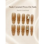 Nude Caramel Press‑On Nails, Luxury Long T‑Shape False Nails With Pearl‑Gold Bead Chain & Big Rhinestone